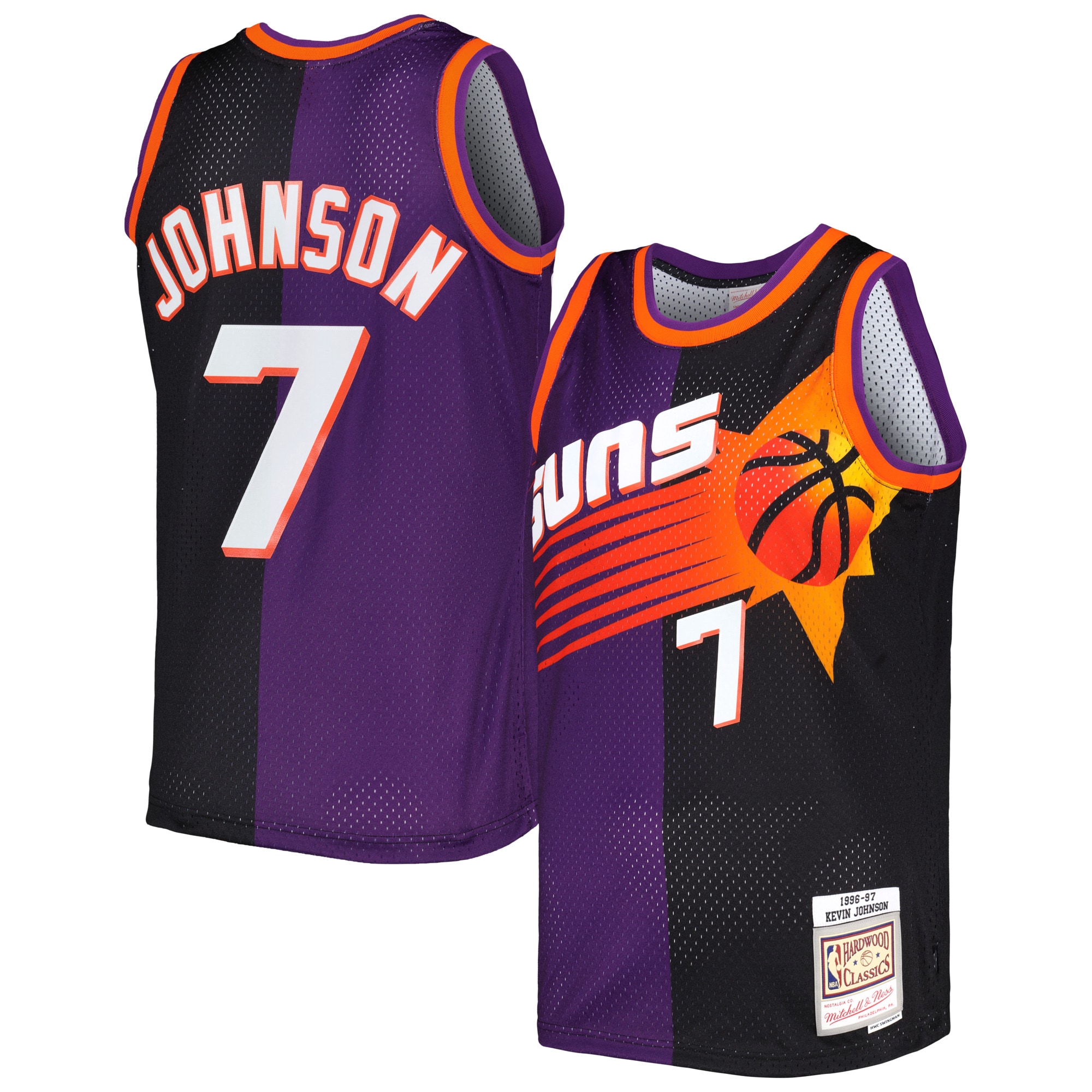 Phoenix Suns mens phoenix suns kevin johnson mitchell  ness purpleblack hardwood classics 199697 split swingman jersey Collection | Official Suns Shop