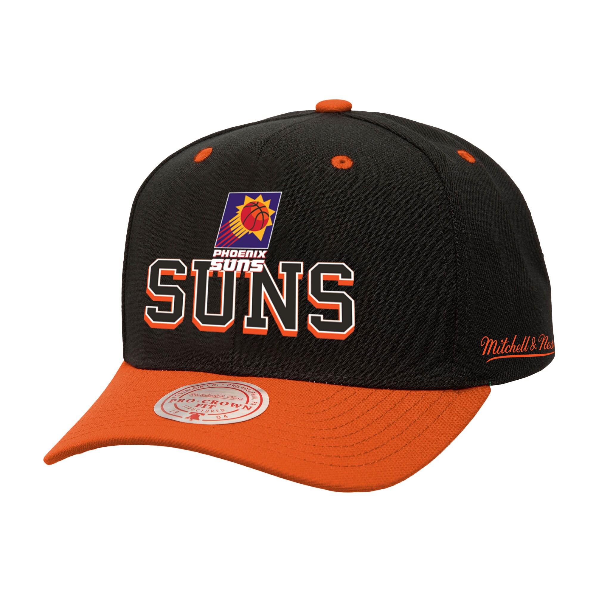Phoenix Suns mens phoenix suns mitchell  ness blackorange backside script two-tone pro crown adjustable hat Collection | Official Suns Shop